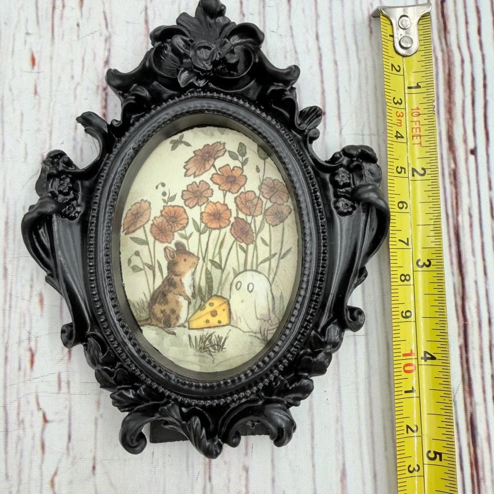 Black Ornate Resin Frame Mouse and Ghost Decoupage Art Print Whimsical Gothic